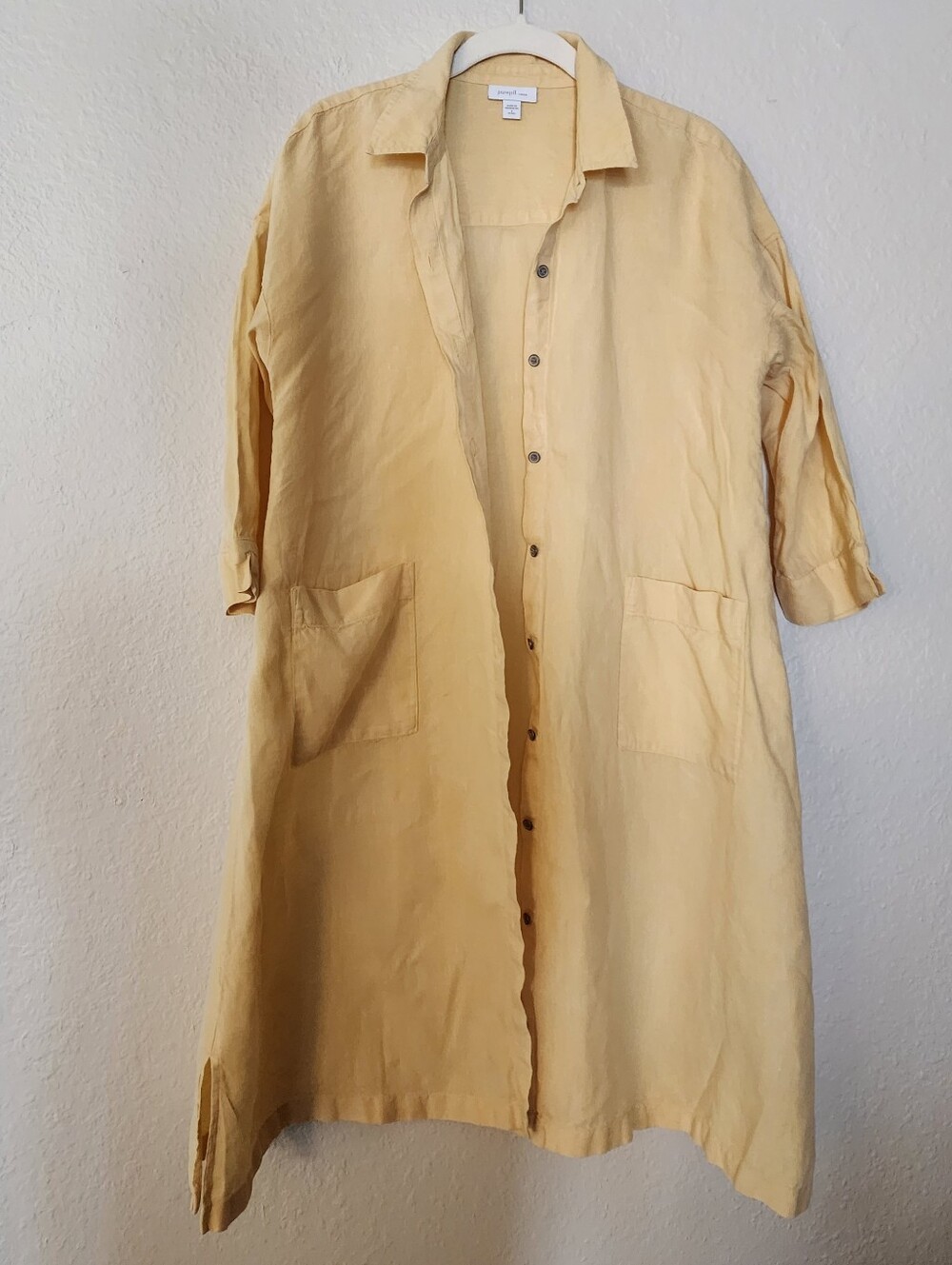Pure Jill 100% Linen Buttery Light Yellow Button-Front Shirt Dress/ Duster - Picture 1 of 9